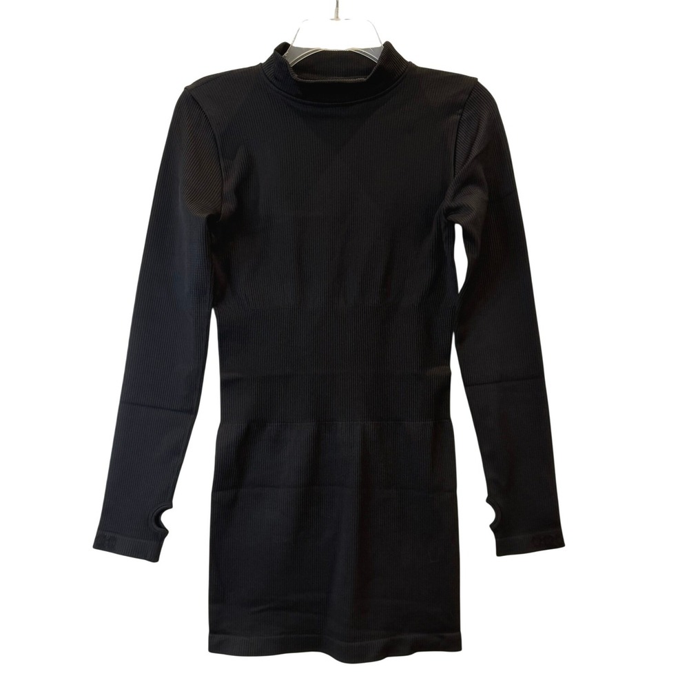 OQQ Black Ribbed Bodycon Mini Dress Mock Neck Long Sleeve Thumbhole Size L NWOT